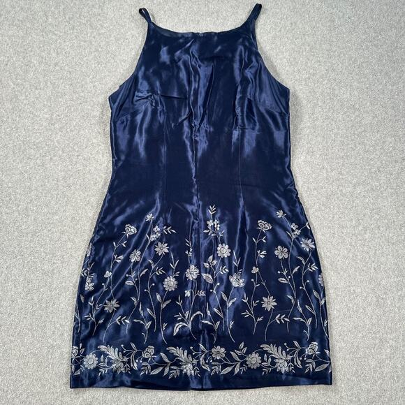 Vintage 90's Casual Corner Satin Spaghetti Strap Dress Size 9/10 Blue Embroidere - Picture 1 of 8